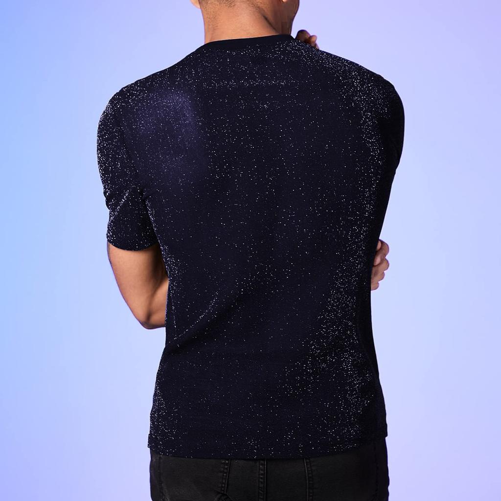 Top lucido da uomo, T-shirt a maniche corte girocollo in rete trasparente