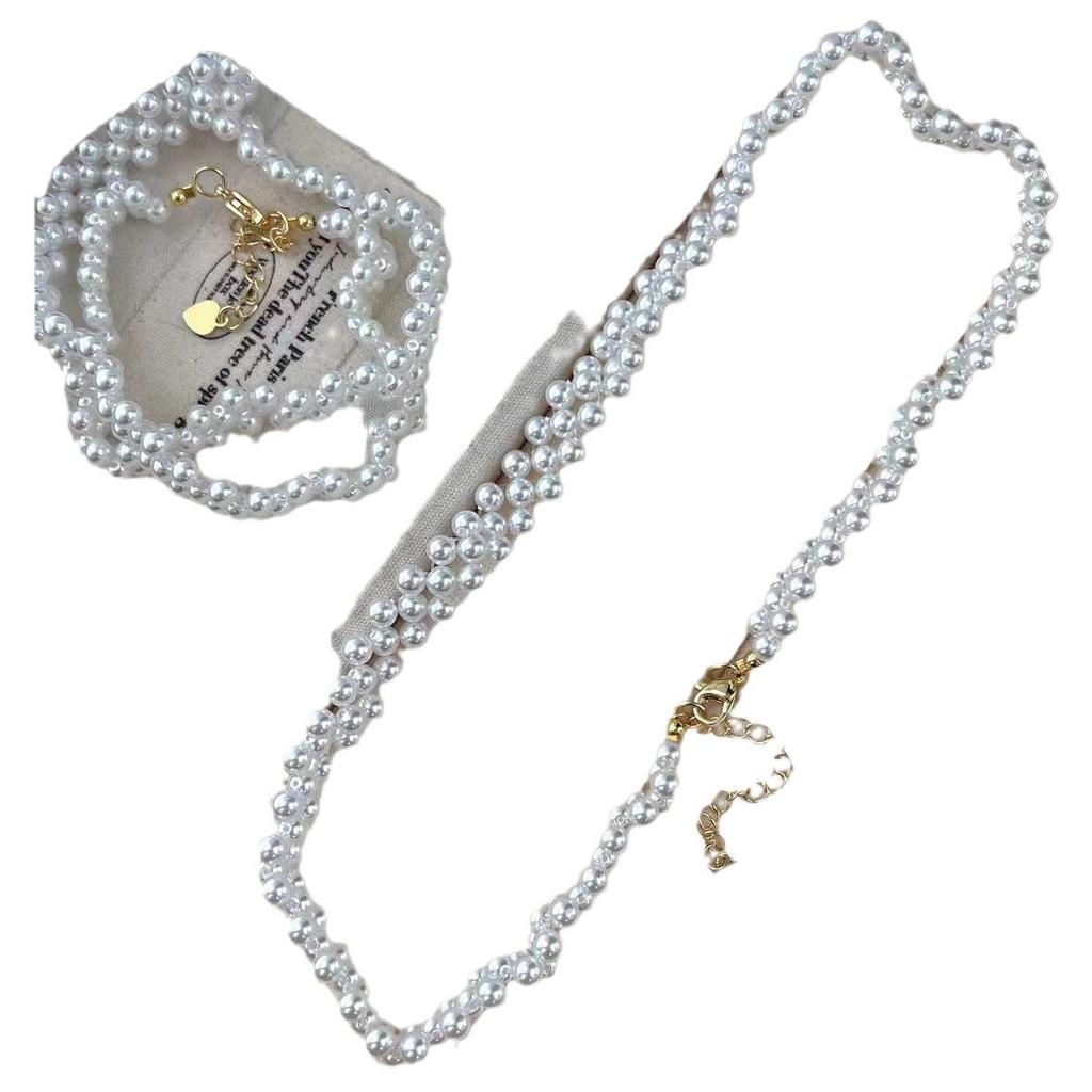 Vintage High-Quality High-Gloss Artificial Australian White Pearl Woven Necklace Evening Chain Collarbone Chain