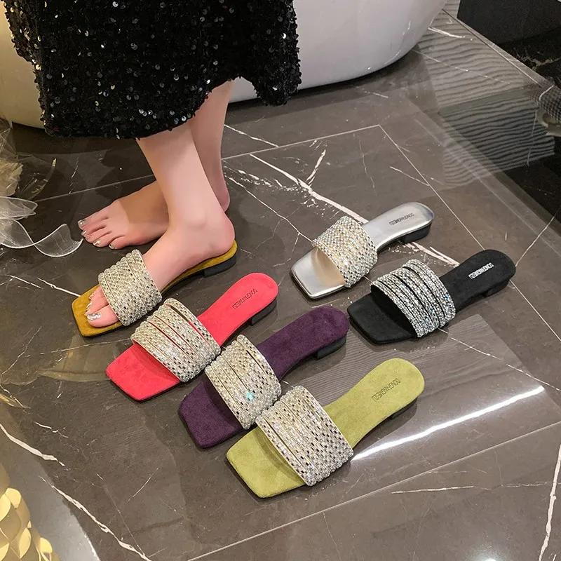 Fashion 2025 Summer Women Square Toe Crystal Slippers Fashion Dress Flats Shoes Ladies Concise Outdoor Beach Slides