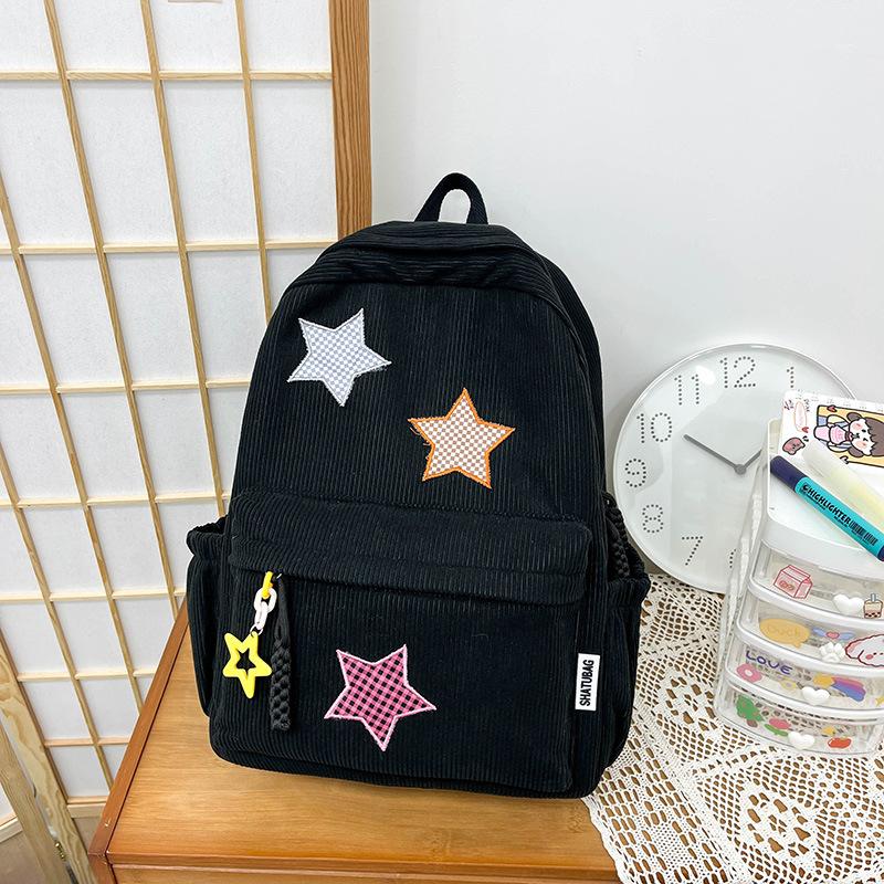 Schoolbag Star School Bag Female Japanese ins Corduroy Vintage Versatile College Wind Backpack High School Student Backpack