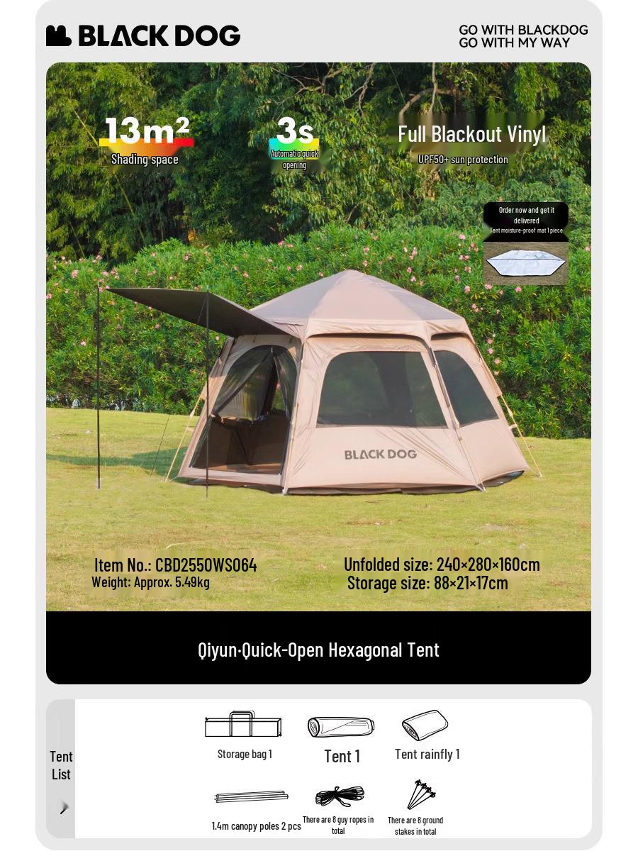 Blackdog Outdoor Hexagonal Quick-Open Tent, Black Glue, Automatic Folding, Portable Camping Shelter 3 People