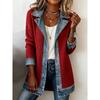 Women's Notched Collar Long Sleeve Denim Patchwork Open Front Knit Cardigan Casual Jacket