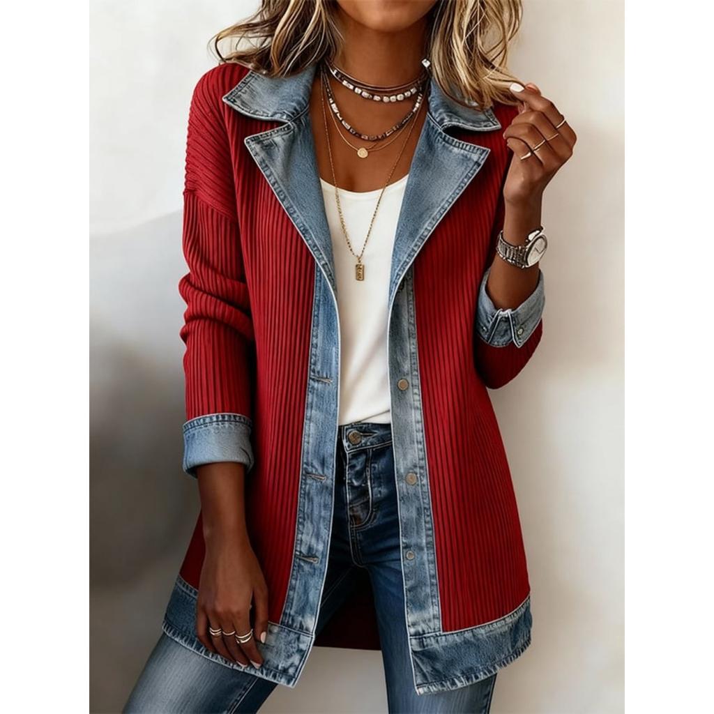 Women's Notched Collar Long Sleeve Denim Patchwork Open Front Knit Cardigan Casual Jacket