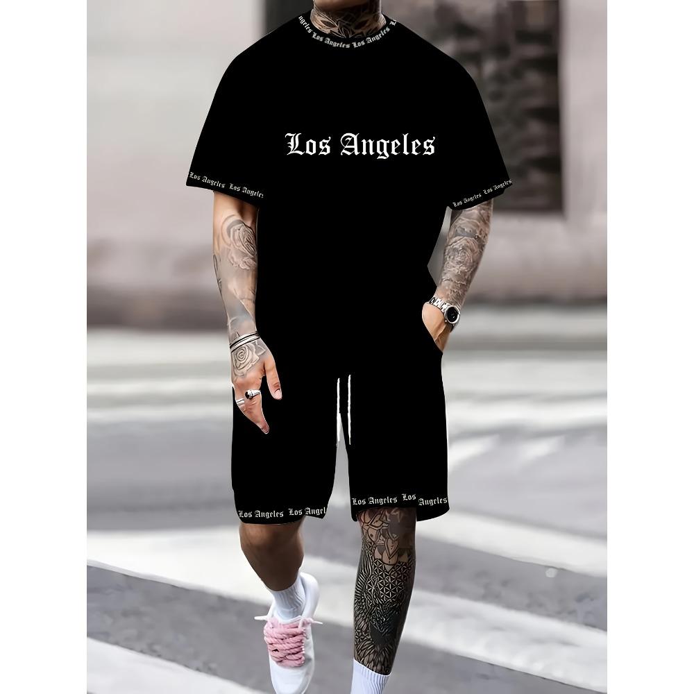 

Los Angeles Casual Streetwear for Men Summer Men s T-Shirt and Shorts Set Plus Size Breathable Quick-Dry Athletic Set S