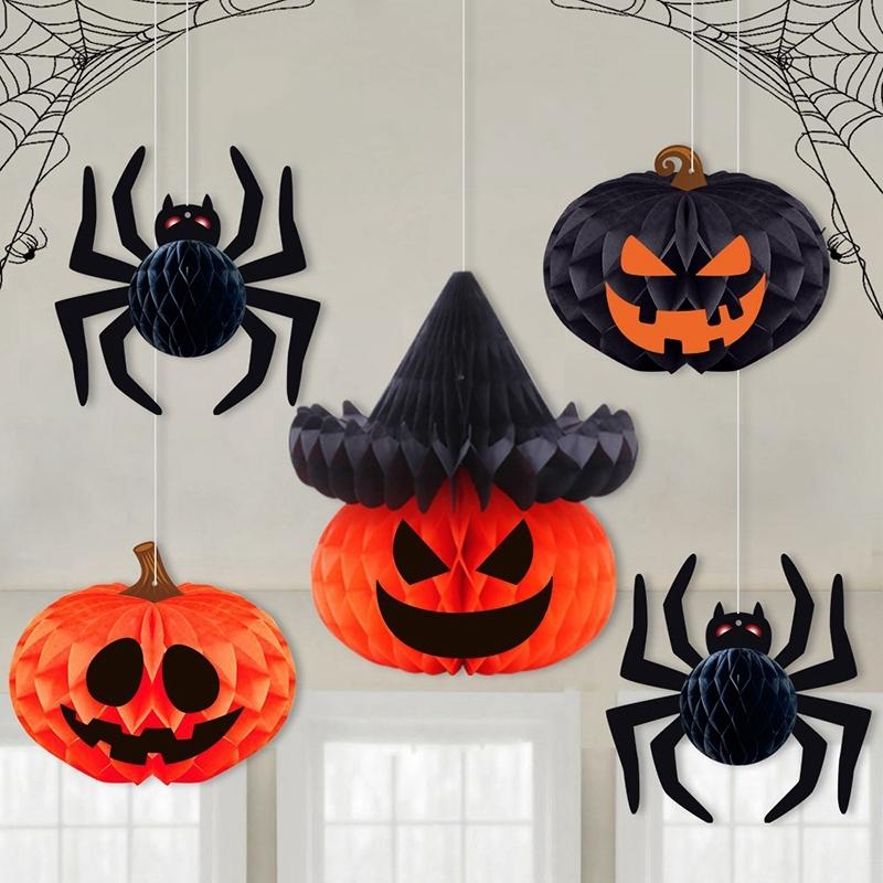 Halloween Paper Honeycomb Decorations Black Cat Ghost Pumpkin Spider Desktop Ornaments Spooky Party Props Haunted House Decor