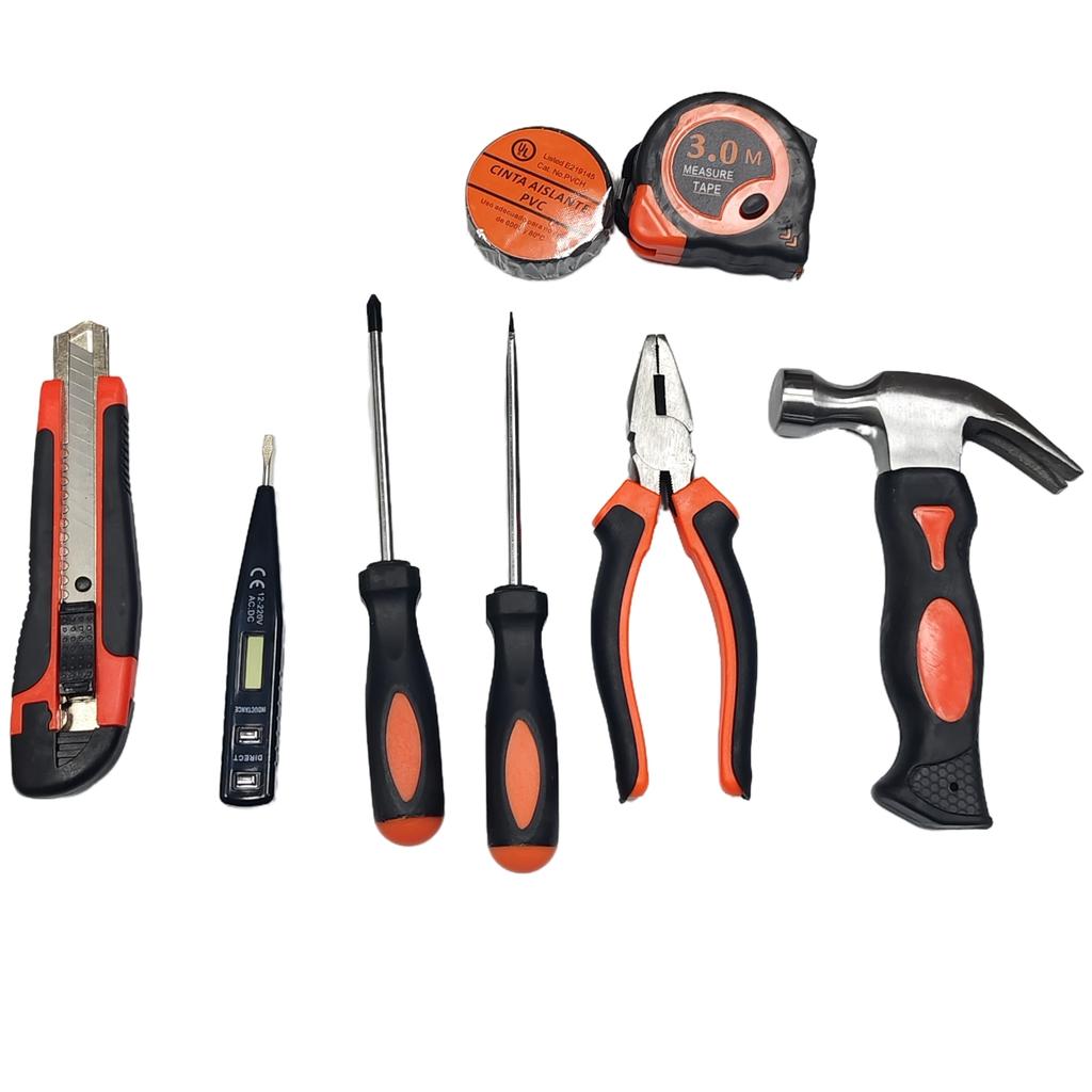 9pcs Home Use Repair Tools Set Multifunctional Screwdriver Knives Hammer Pliers Tape Tester Household Combination Tool Box Kit