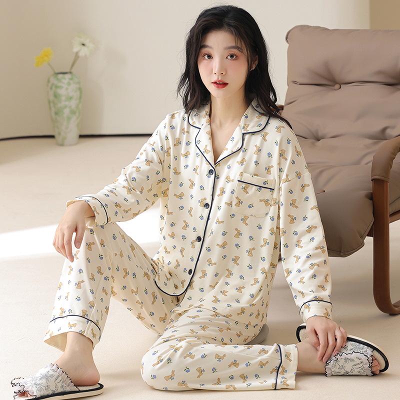 

7A Antibacterial Women s Pure Cotton Pajama Set: Lapel Cardigan, Sweet Print, Comfortable Loose Fit, Plus Size, Autumn/Winter Homewear. L (160-165CM, 50-57.5kg)