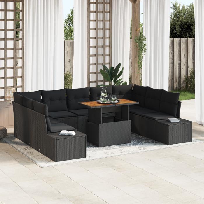 VidaXL Ensemble de salle à manger de jardin de 10 pièces avec coussins en poly rattan noir et acacia 3350009