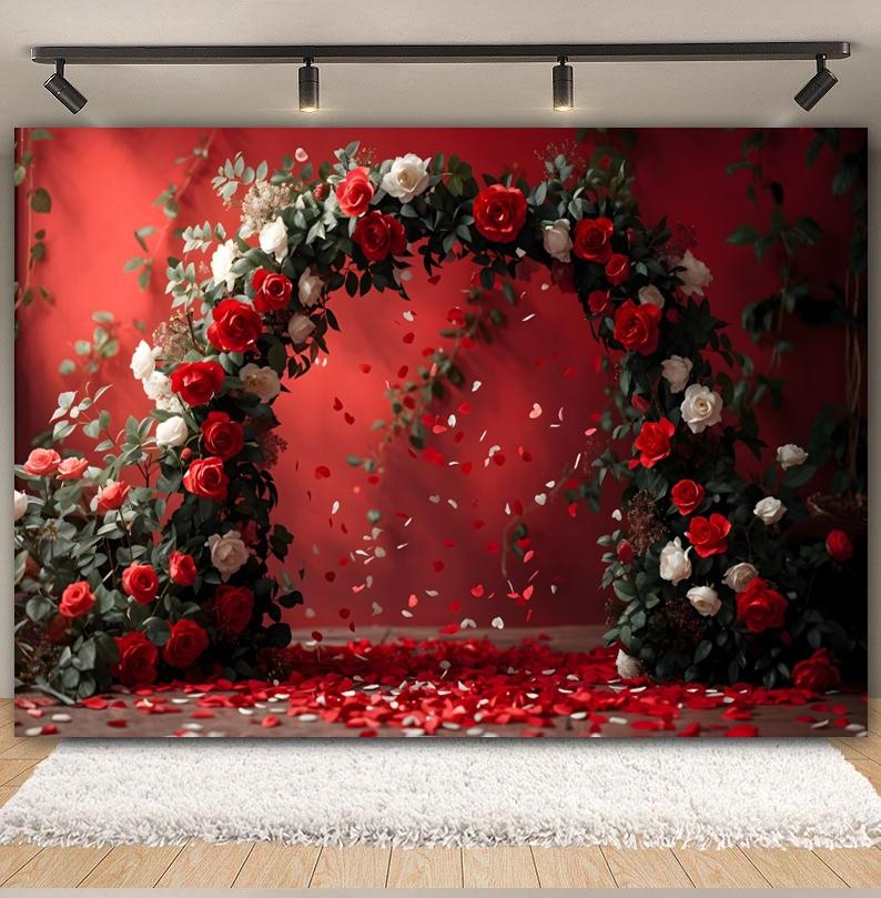 February 14 Valentine's Day Photography Backdrop Red Rose Arched Heart Flowers Romantic Wedding Bridal Shower Photo Background