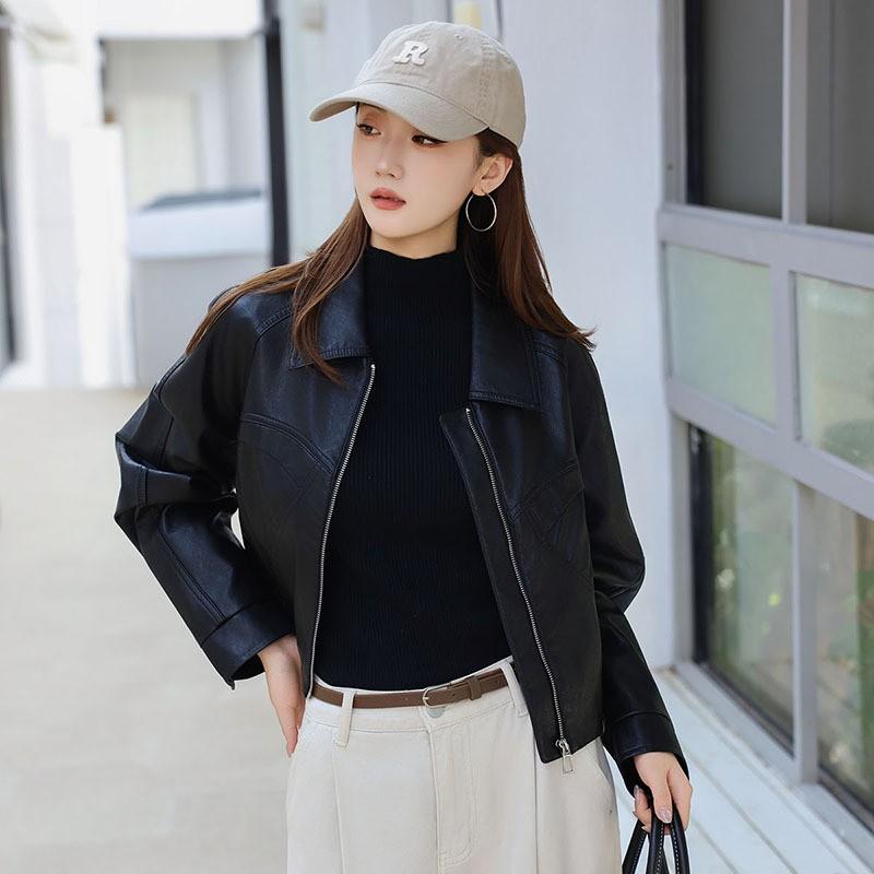 Womens Short PU Leather Jacket Slim Fit Turn-Down Collar Washed Faux Biker Style Coat