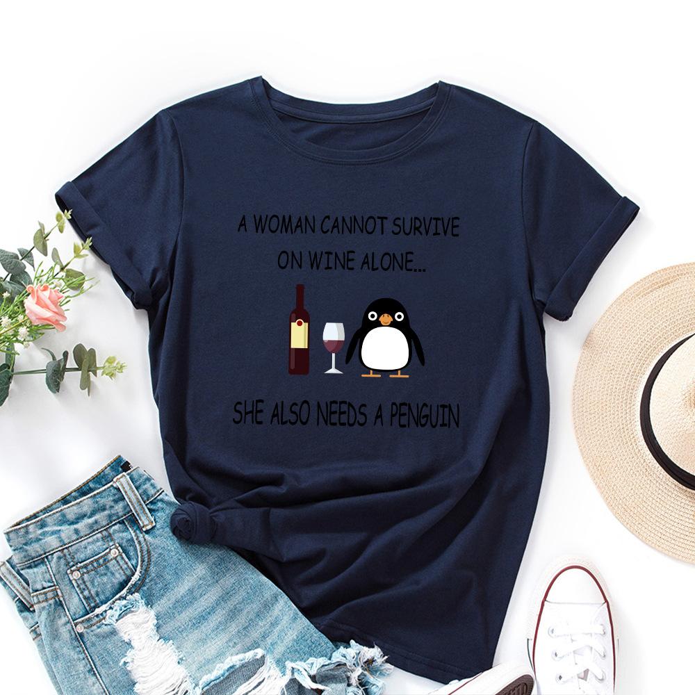 Inspirational Letters Red Wine Penguin Pattern Loose Round Neck Short Sleeved Women's T-shirts