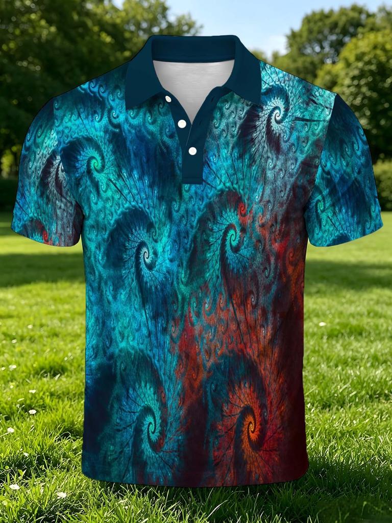 [Printed Design - Not Textured] Navy Collar with Red Gradient Fractal Spiral Swirl All-Over Print Men'S Polo Shirt