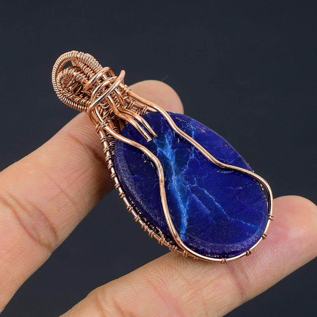 Blauer Saphir Anhänger, Handgefertigter Edelsteinanhänger, 999 Kupferdraht gewickelter Anhänger Antikschmuck, Für Verlobungsgeschenk