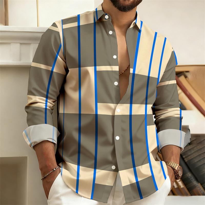 Men's Color-Blocked Striped Long-Sleeve Shirt, Retro Style Business Casual Shirt, Slim Fit Men's Trendy Top