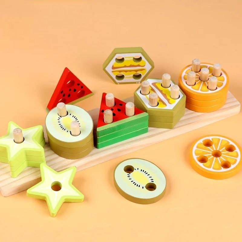 Wooden DIY Toy Cartoon Fruit Stringing Threading Color Shape Matching Puzzle Game Wooden Beads Toy Montessori Education Toy