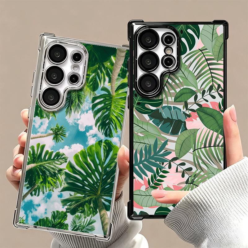 Summer Plants Green Leaf Plating Phone Case For Samsung Galaxy S24 S25 FE S26 Edge S23 Ultra S22 S21 Plus S20 Anti-Fall Airabag