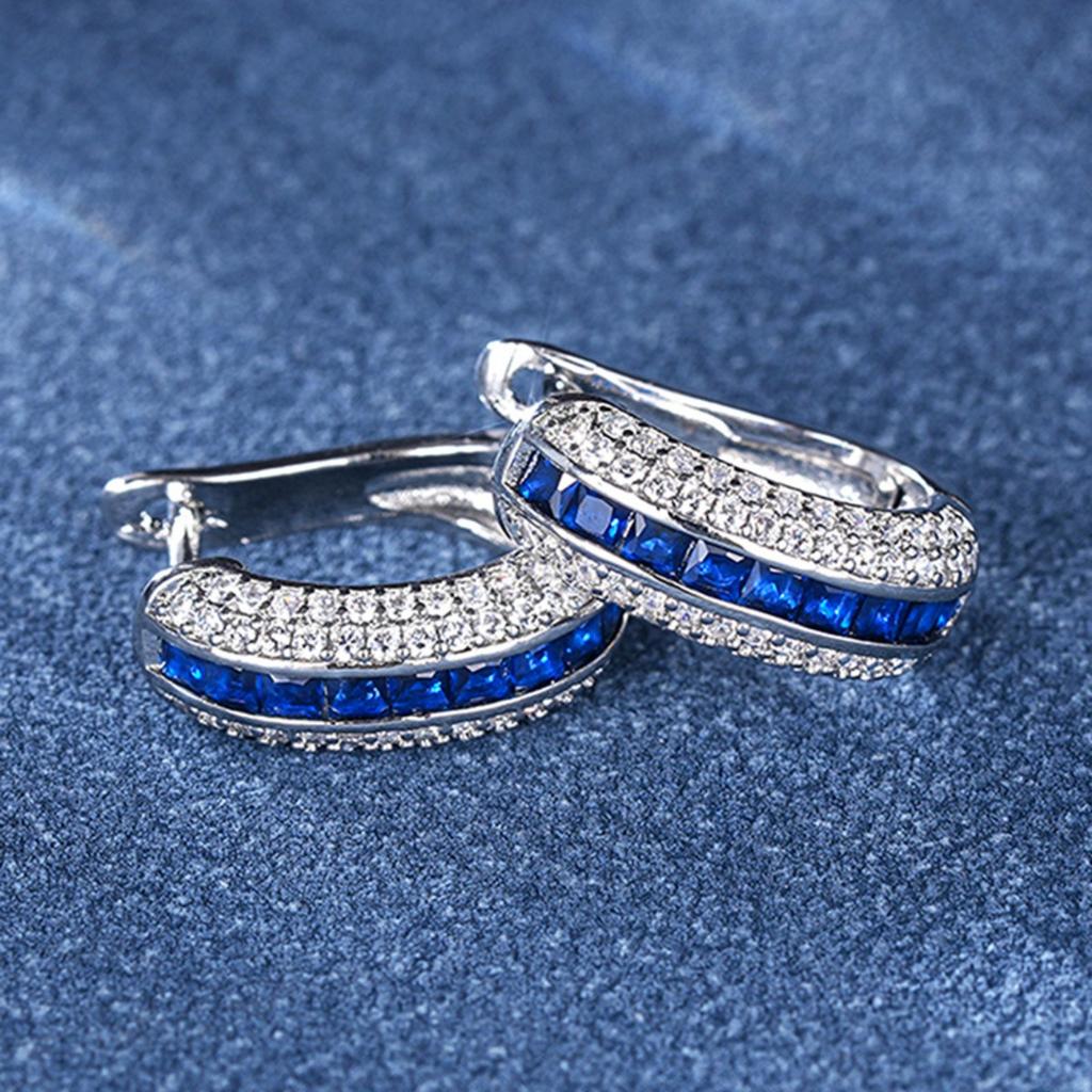 Three Row Two Tone Blue and Clear Stone Curved Huggie Hoop Earrings Women Elegant Ear Jewelry