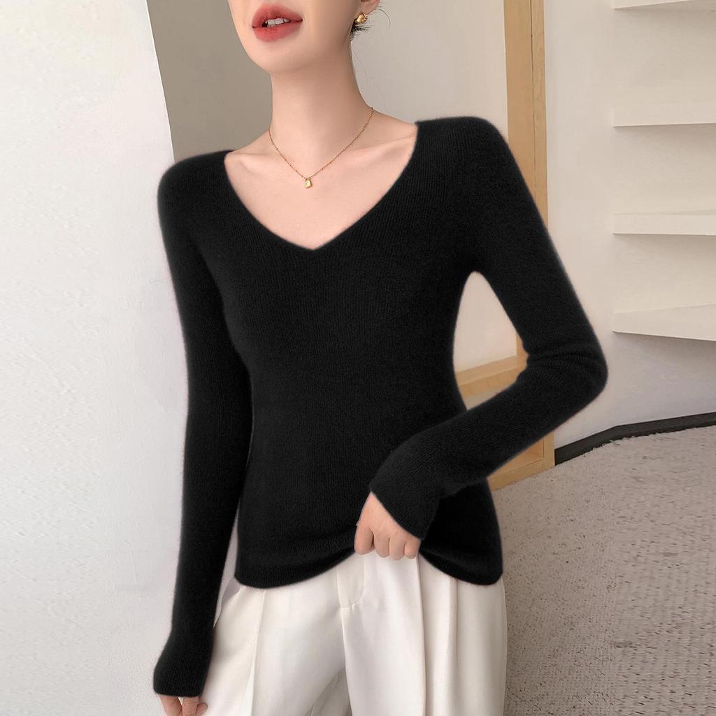 Women's V-Neck Cashmere Sweater - Loose Fit, Solid Color, Autumn/Winter Style