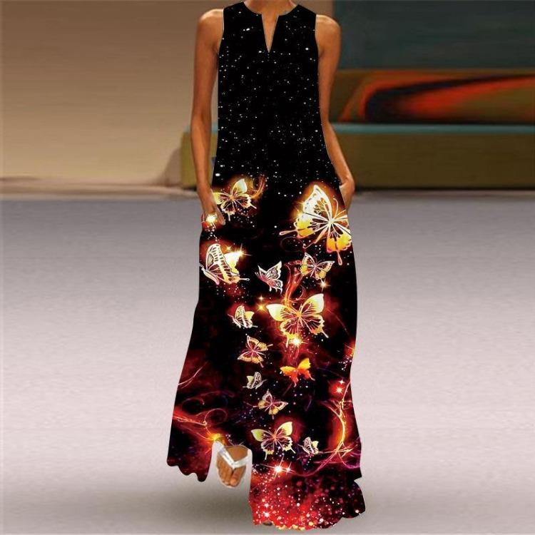2024 Retro Women Summer Sleeveless V Neck Long Printed Dress Skirt