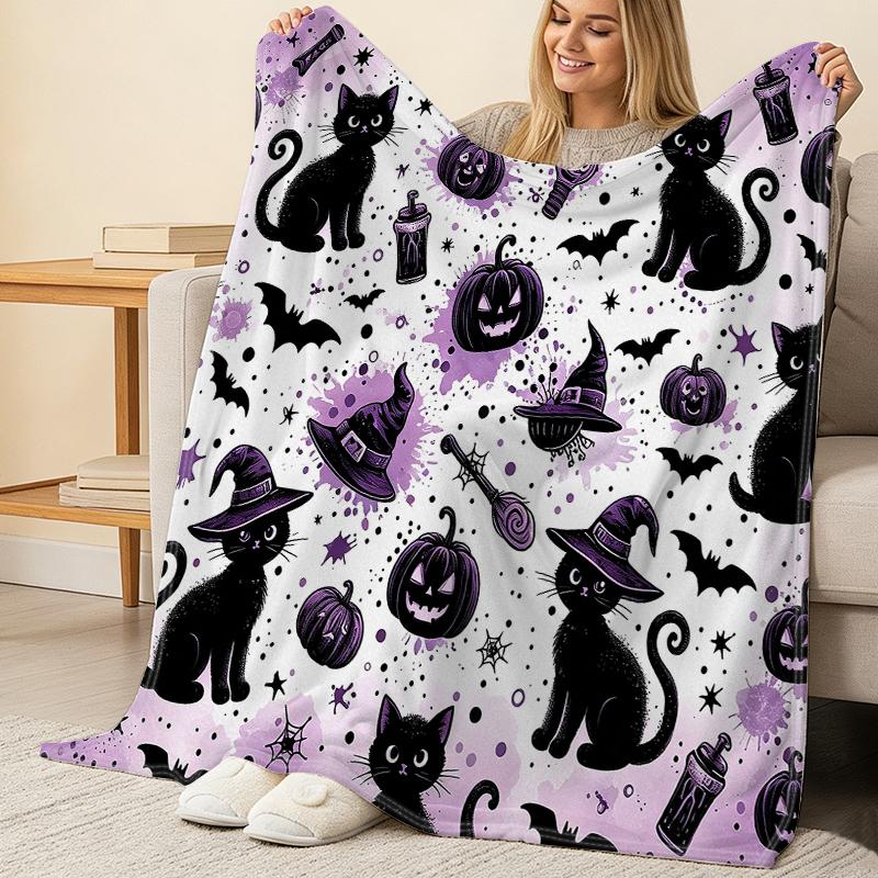 Black Cat Witch Flannel Throw Blanket Lightweight, Soft & Warm Halloween Christmas Home Blanket for Cozy Leisure