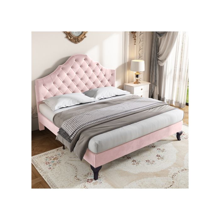 Gepolstertes Bett - MUVOE - 140x200 cm - Verstellbares Kopfteil - Rosa Samt - 2-Sitzer