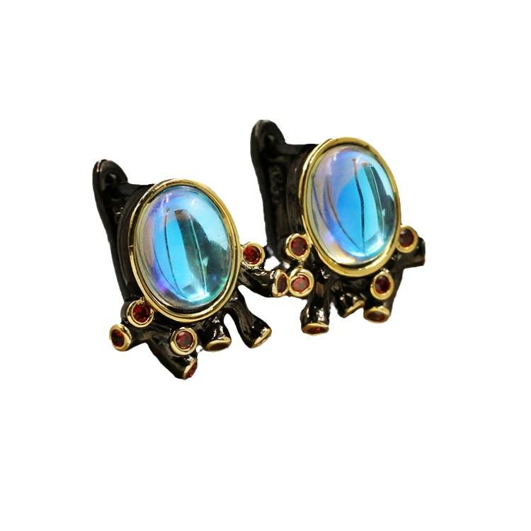 Ensemble de bijoux européens et américains abstraits en pierre de lune: Bague, Collier et Boucles d'oreilles Or Noir