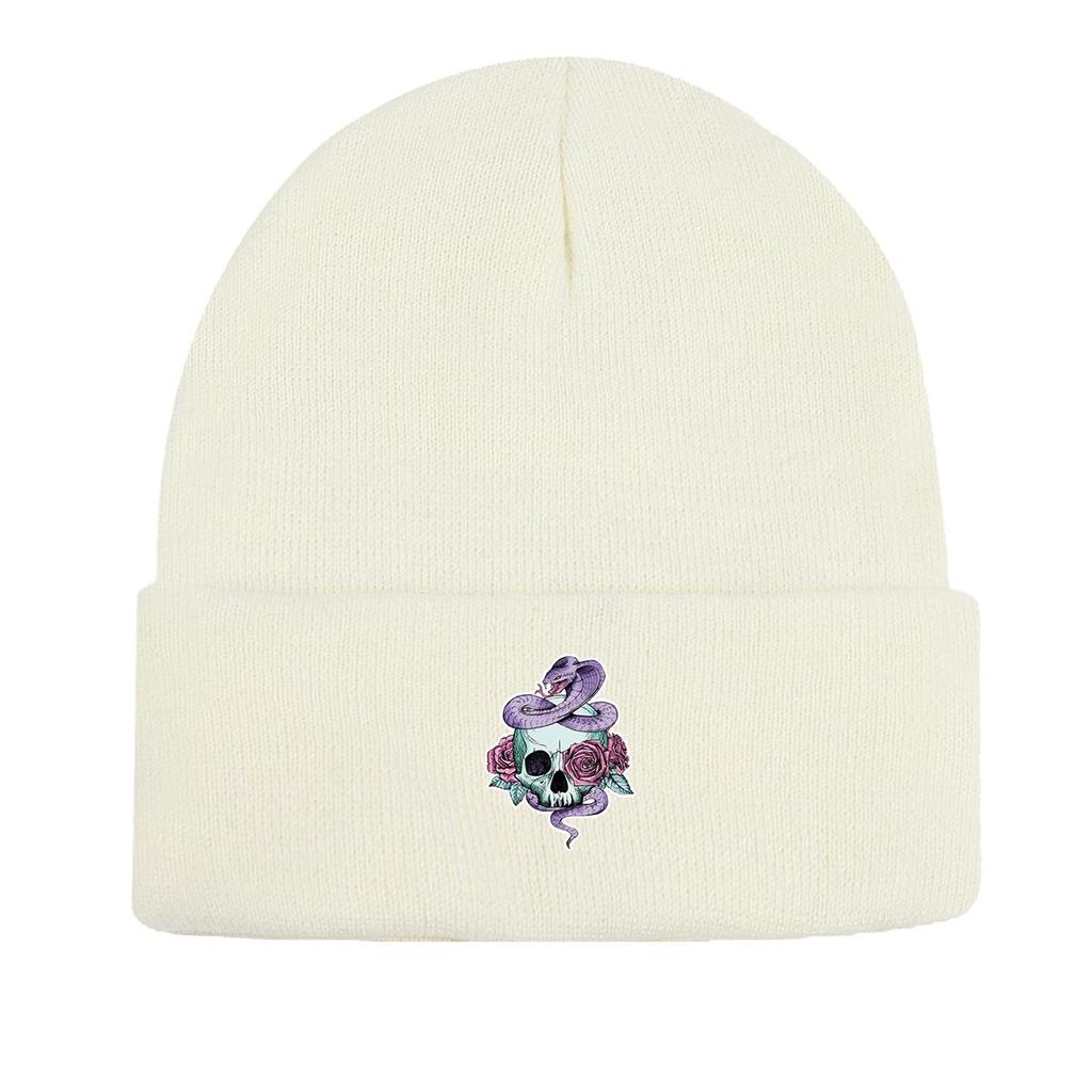 Skull Snake Rose Warm Knitted Cap Beanie, Scary Animal Woman Cap Cozy Slouchy Solid Bonnet Knitted Cap Beanie