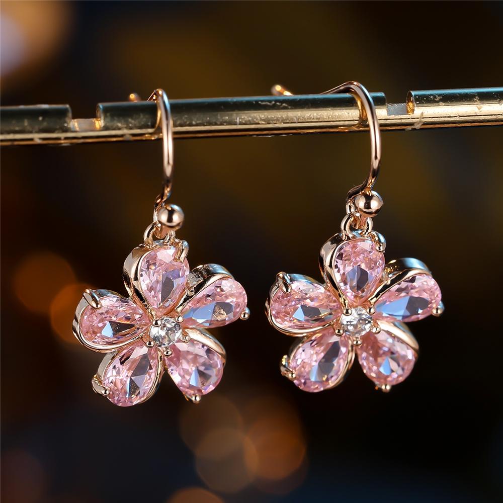 

Charm Female Pink Zircon Stone Flower Drop Earrings Cute Trendy Bridal Gold Color Dangle Wedding For Women