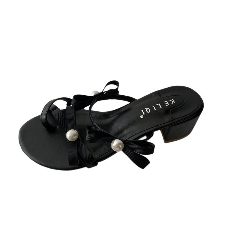 2025 Thick-heeled French Bow Pearl-toed Slippers Women's New High-heeled Sandals