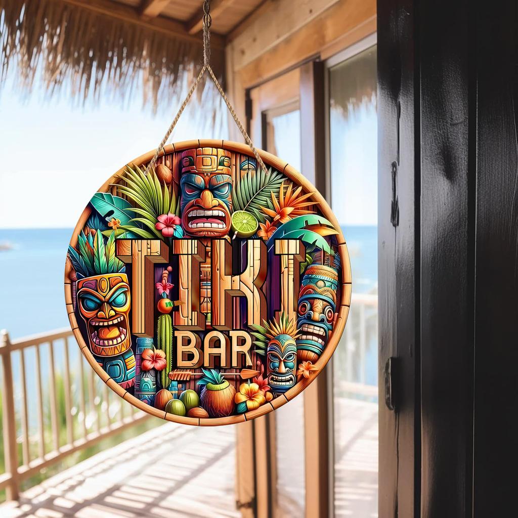 Tiki Bar Sign, Wooden Printed Tiki Decor Round Signs, Outdoor Signage with Tiki Statue