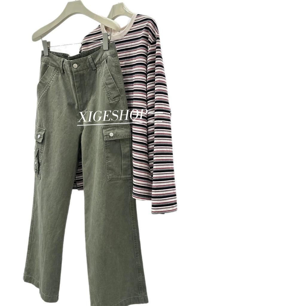 Women's Khaki Cargo Pants: American Street Style, Mid-Low Waist, Loose Fit, Pure Cotton, Stiff, Straight Leg, Autumn Casual Wear