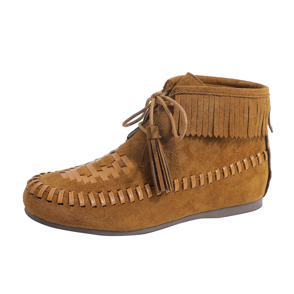 High-end Autumn and Winter New Martin Boots Round Head Retro Flat Bottom Strap Low Tube Versatile Breathable Soft Bottom Fringed Boots