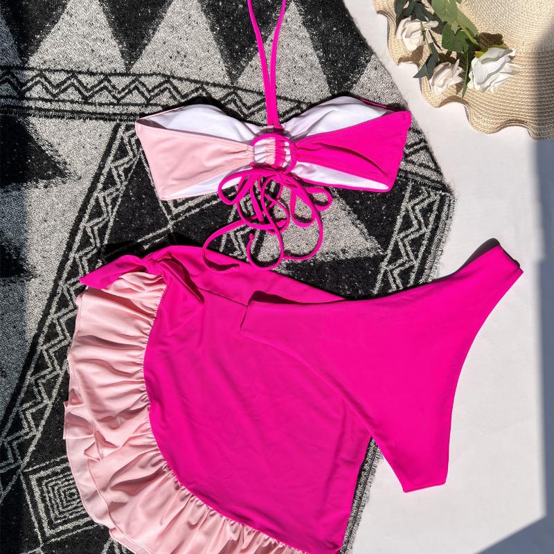 Damen-Bademode, Colorblock, Neckholder, Wickel-Kordelzug, sexy Bikini, brasilianische Strandmode, Badeanzüge