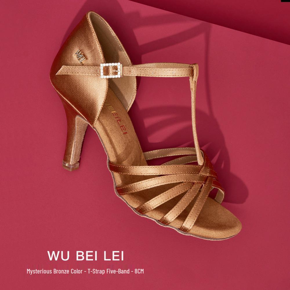 Wubai Ballet T-Strap Satin Latin Dance Shoes for Women - Medium Heel, Soft Sole, Genuine Leather Ballroom Cha