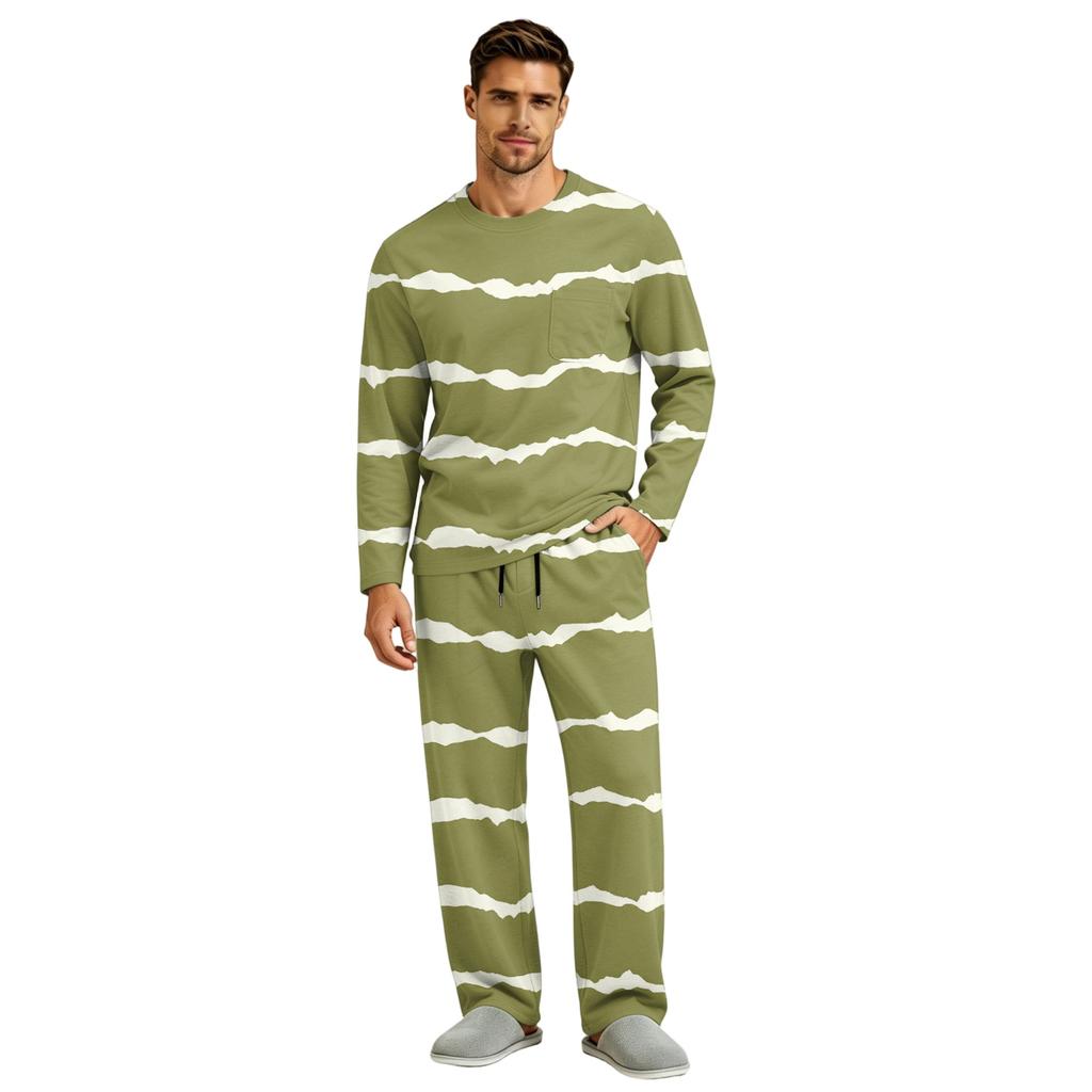 Men's Pajama Set Long Sleeve Top and Long Pants with Button Crotch and Elastic Drawstring Waist for Home Loungewear