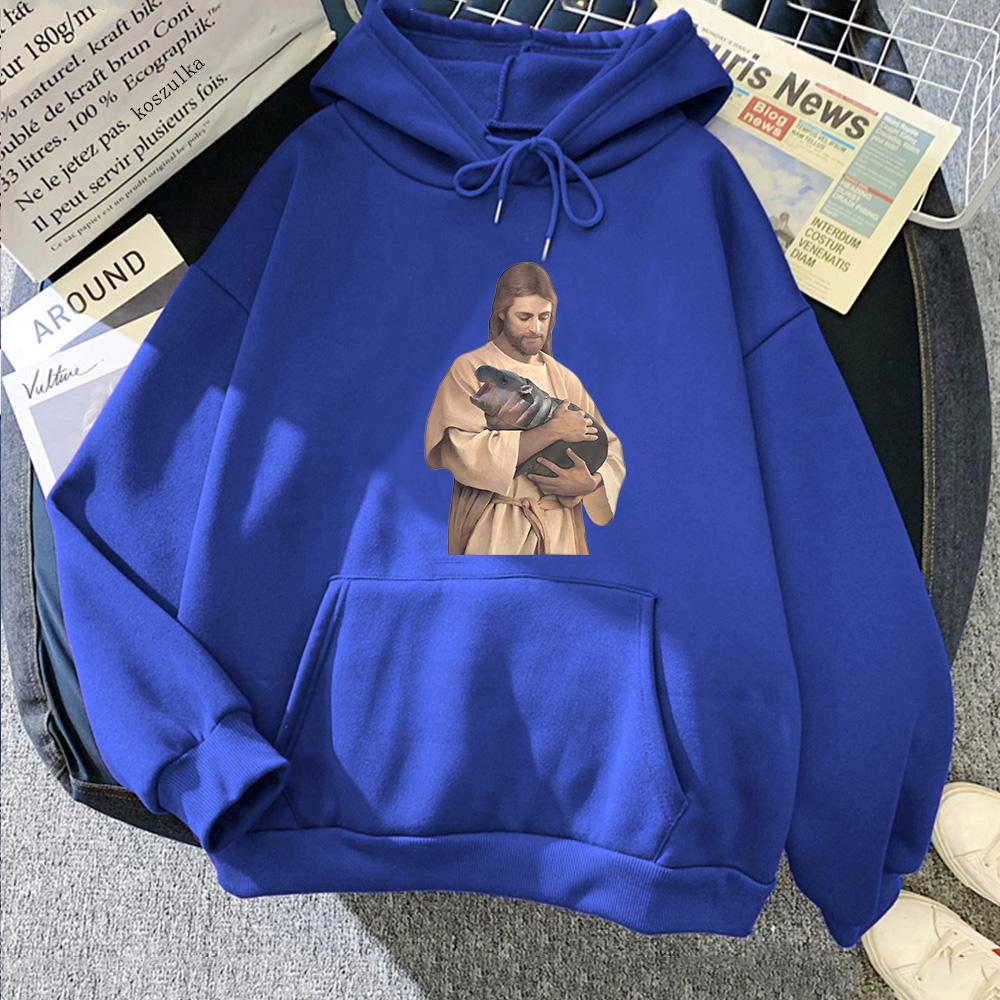 Moo Deng Jesus Meme Cartoon Hoodie Funko Pop Cute Sweatshirt Graphic Printing for Autumn/Winter Kawaii Clothing Moletom Hoody