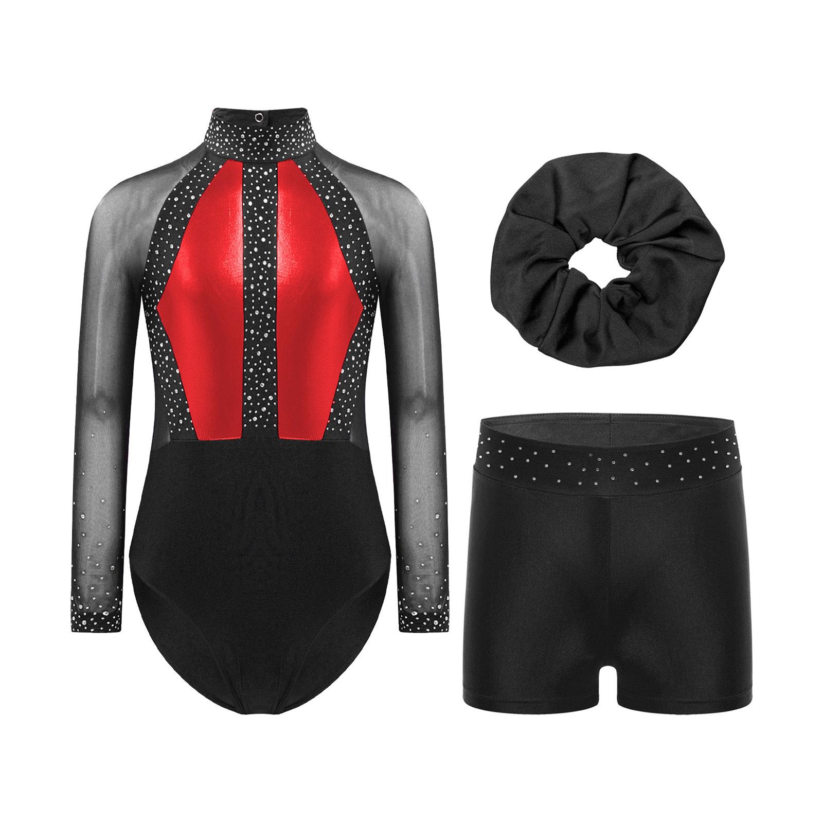 

Girls Mesh Long Sleeve Leotard Rhinestones Shorts Headwear Gymnastics Dance Performance Set 5-6 Years червоний