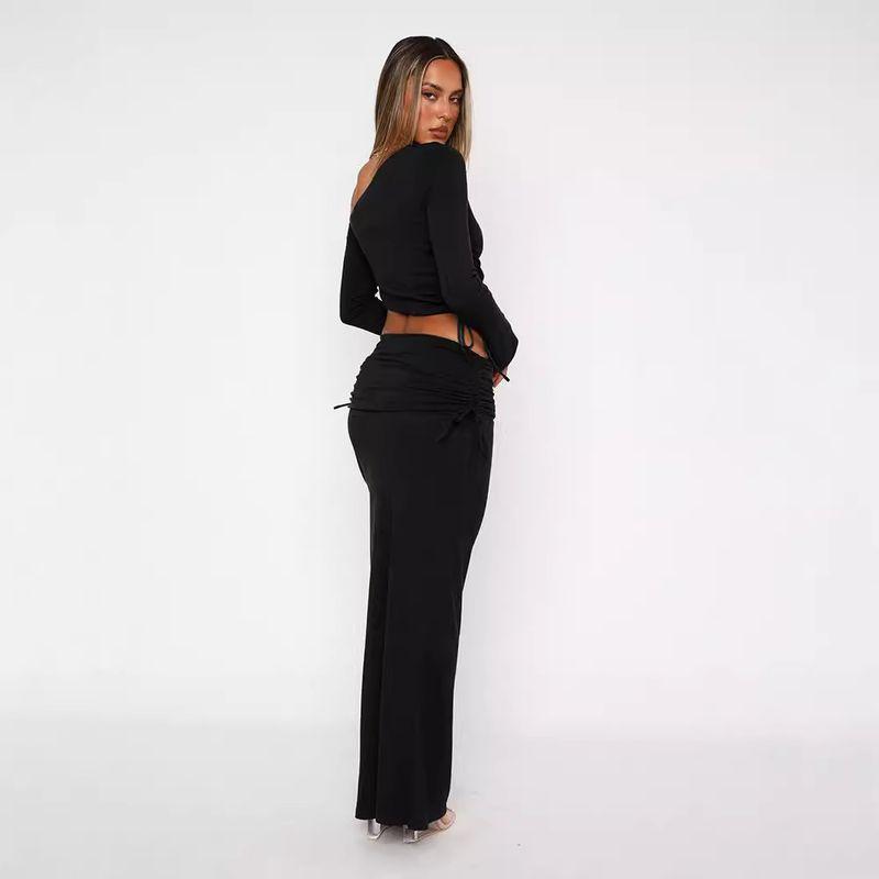 European and American Women's Clothing Cross-Border New Arrival Temperament Pure Color One Shoulder Midriff-Baring Top Slim Skirt Two-piece Set Pack