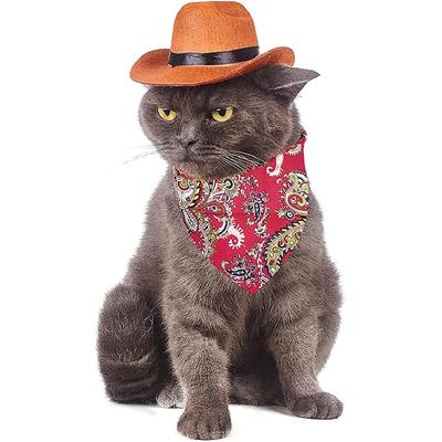 Conjunto de Fantasia de Cowboy Ocidental para Animais de Estimação de 2 Peças, Adorável Chapéu de Cowboy Ocidental para Gato e Cachorro com Tira Elástica Ajustável para o Queixo e Bandana, para Filhote de Cachorro e Gatinho