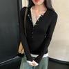 Women S Long Sleeve Fake Two Piece Henry Collar Slim Fit T Shirt