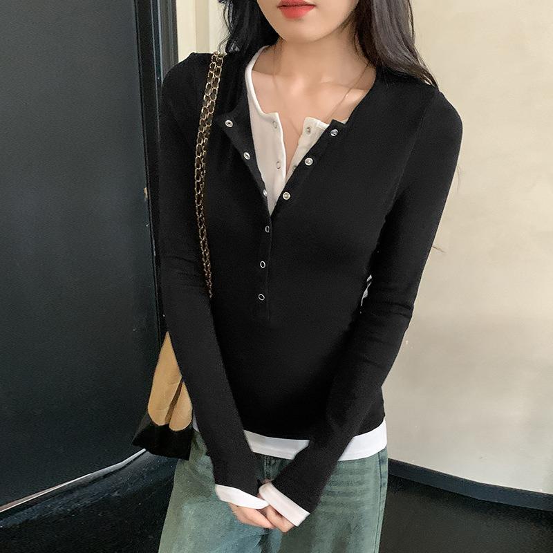 Women S Long Sleeve Fake Two Piece Henry Collar Slim Fit T Shirt