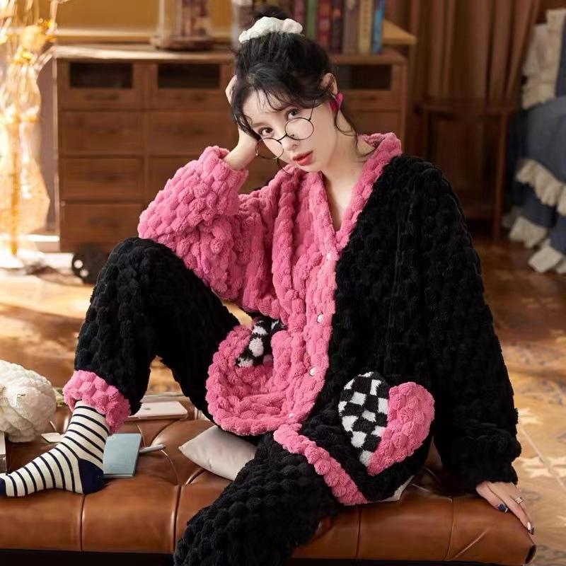Pajamas for Women Autumn and Winter Coral Velvet Thickened Plus Velvet Cute New Flannel Suit Home Clothes