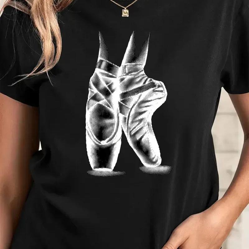 Damen Elegantes Grafisches T-Shirt im Ballett-Thema Lässiges Kurzarm-Rundhals-T-Shirt mit tanzender Figur Design Ballettänzerin T-Shirt