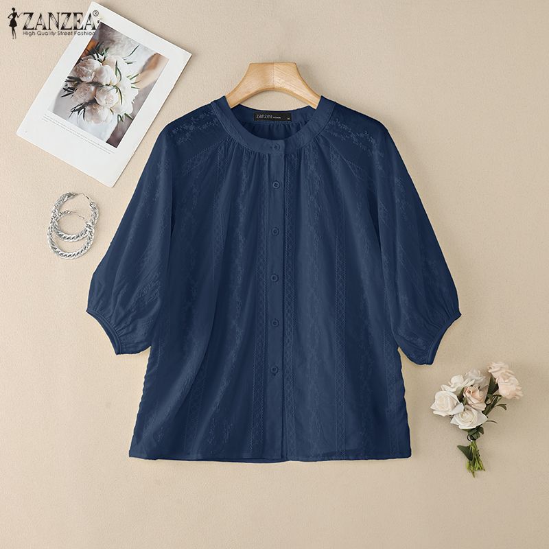 ZANZEA Women Vintage Round Neck Short Sleeves Semi-Sheer Embroidery Blouses