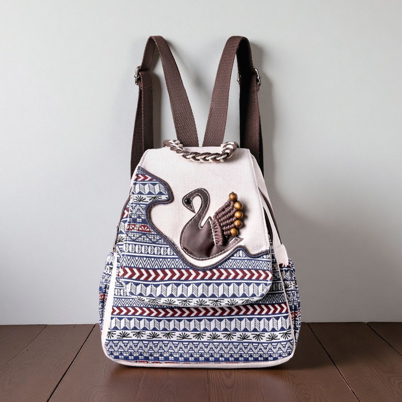 

Этнический стиль Свежий и Легкий Плетеный Повседневный Рюкзак с Лебедем, Школьный Рюкзак для Девочек, Ретро Сумка тёмно-синий