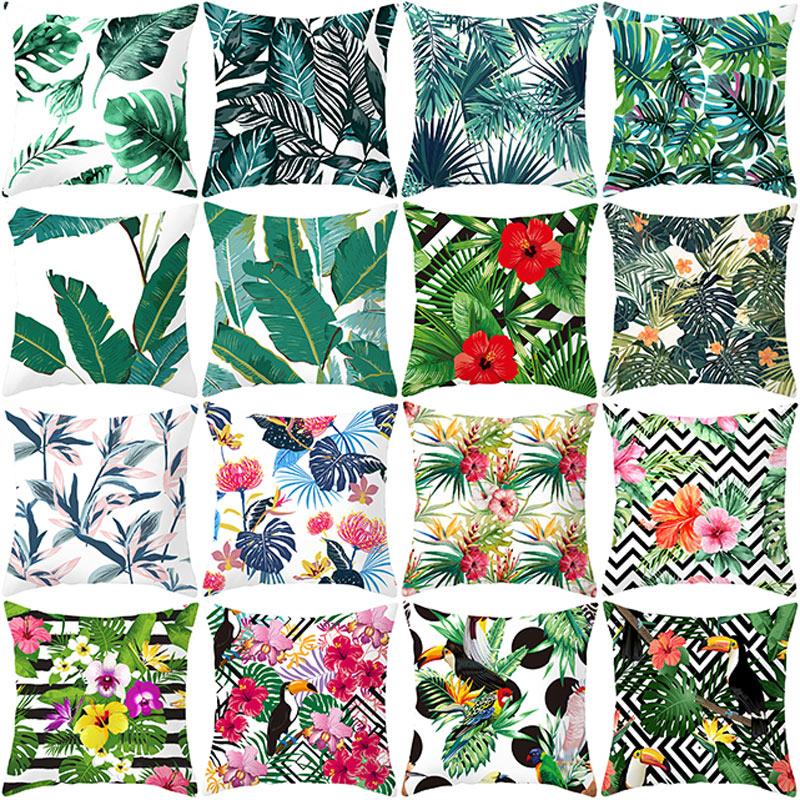 Summer Tropical Plants Decorative Pillowcase Green Leaves Throw Pillow Case Polyester Printing Pillow Cover 45X45Cm