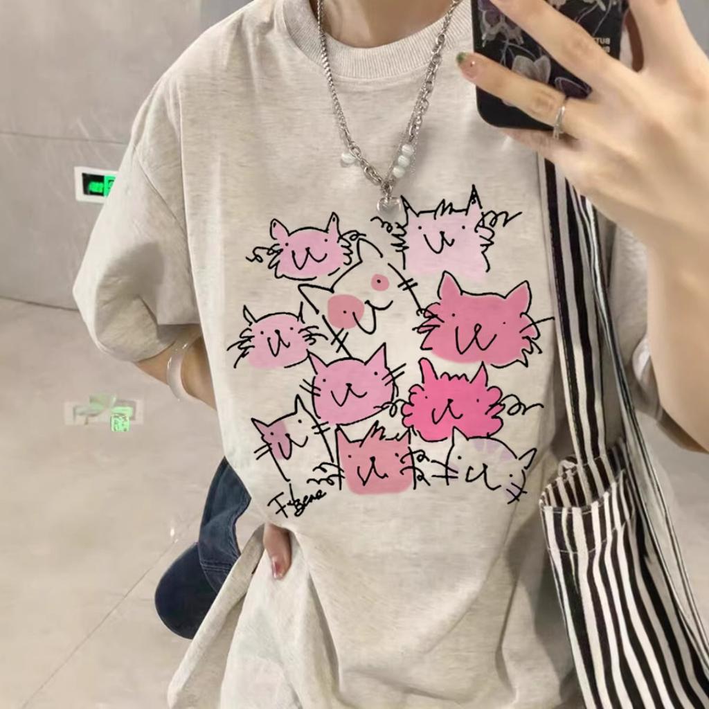 Guochao American pure cotton short-sleeved t-shirt women's new design sense niche loose large size fat mm cartoon top