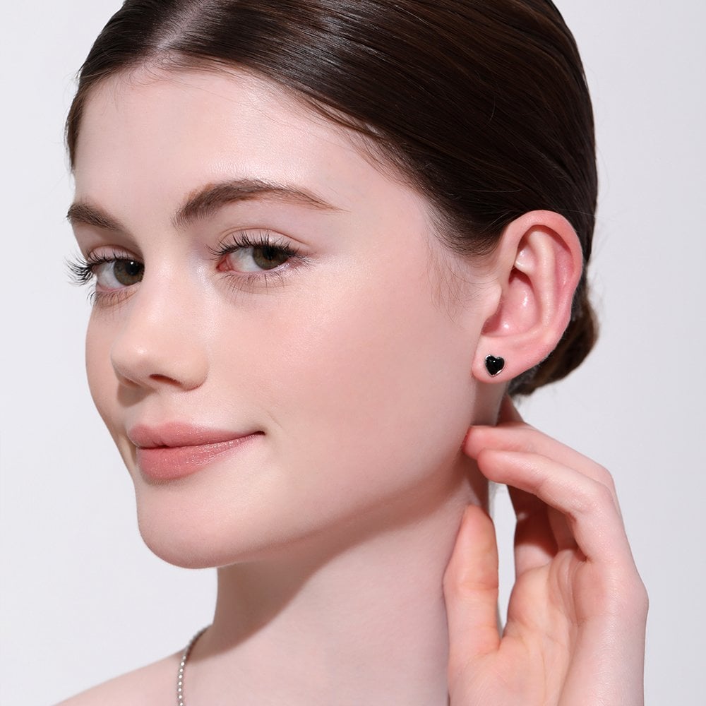 [Rosemont] Silver Black Heart Earrings Rc24B35J