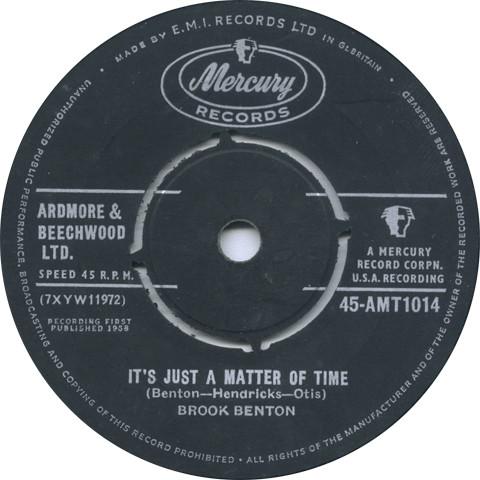 7inch Record BROOK BENTON - It's Just A Matter Of Time / Hurtin 45AMT1014 Mercury 1959 UK Pop Used