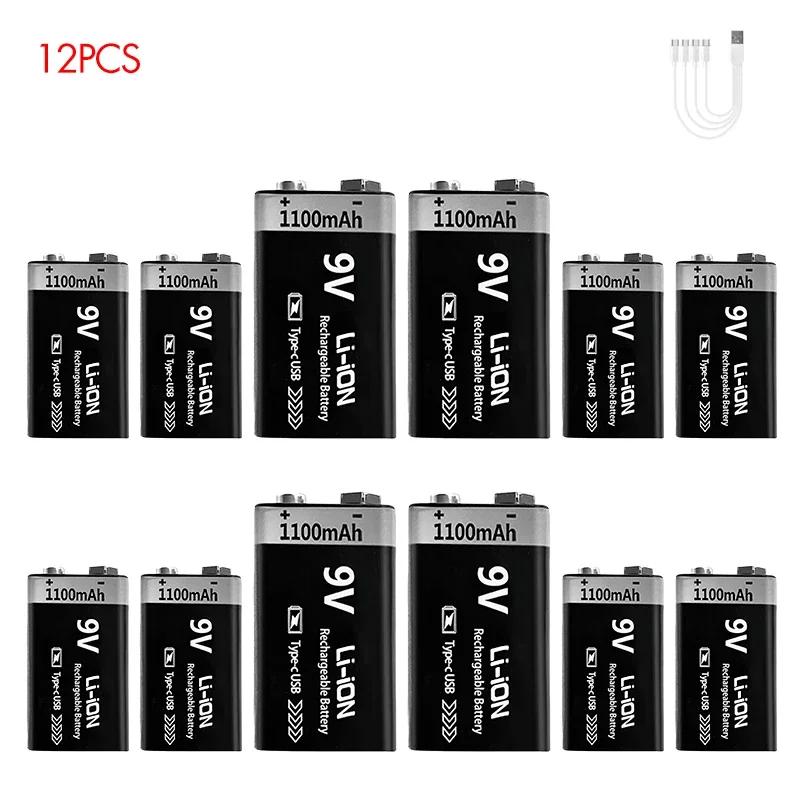 9V Battery Rechargeable 1100mAh USB Type-C 6F22 9V Li-ion Battery for Multimeter, RC Toys, Guitar Pedal, Microphone